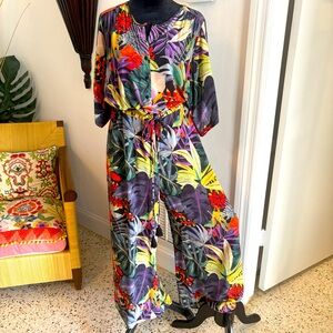 JOHNNY WAS JADE Tropical Purple Silk Print Long Wide Leg Jumpsuit! Drawstring! M